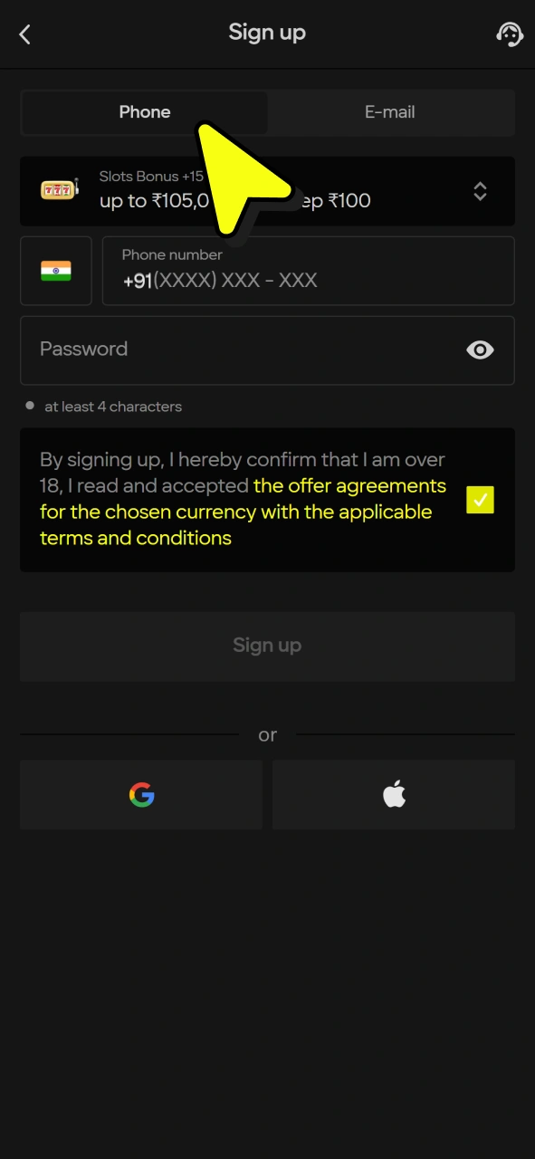 Choose registration method and create a Parimatch account to use promo code.